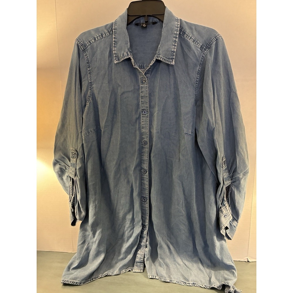 Zac & Rachel Womens Shirt Roll Tab Sleeve Button Up Chambray Lyocell‎ Tunic 1X